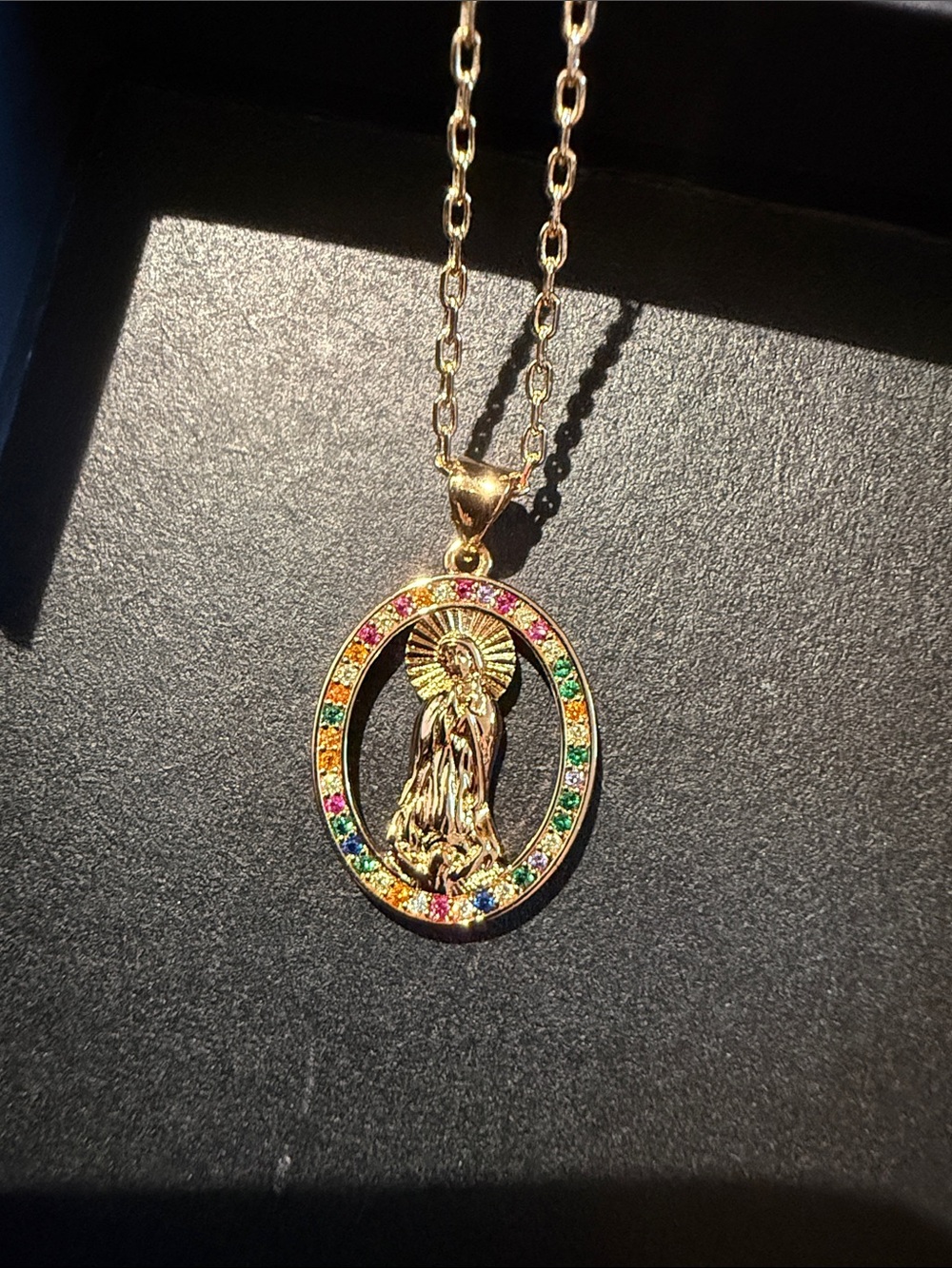 Rose Gold Virgin Mary Pendant Necklace with Multicolor Stones
